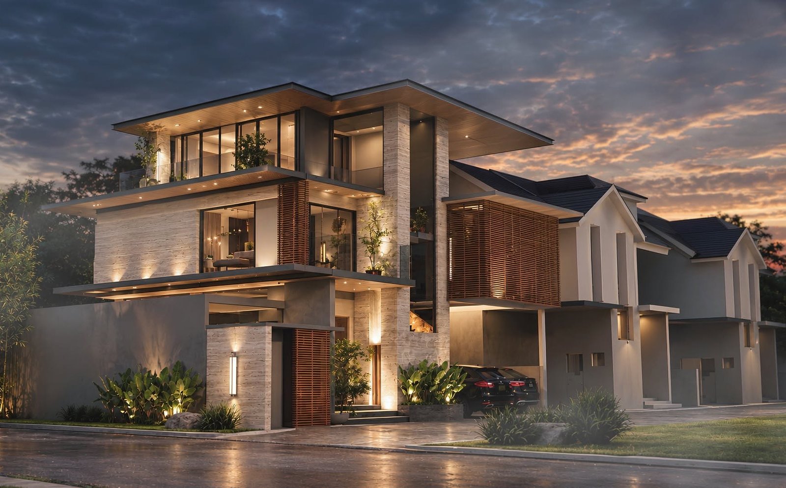 Concept render of a villa at night with lit timber and stone facade