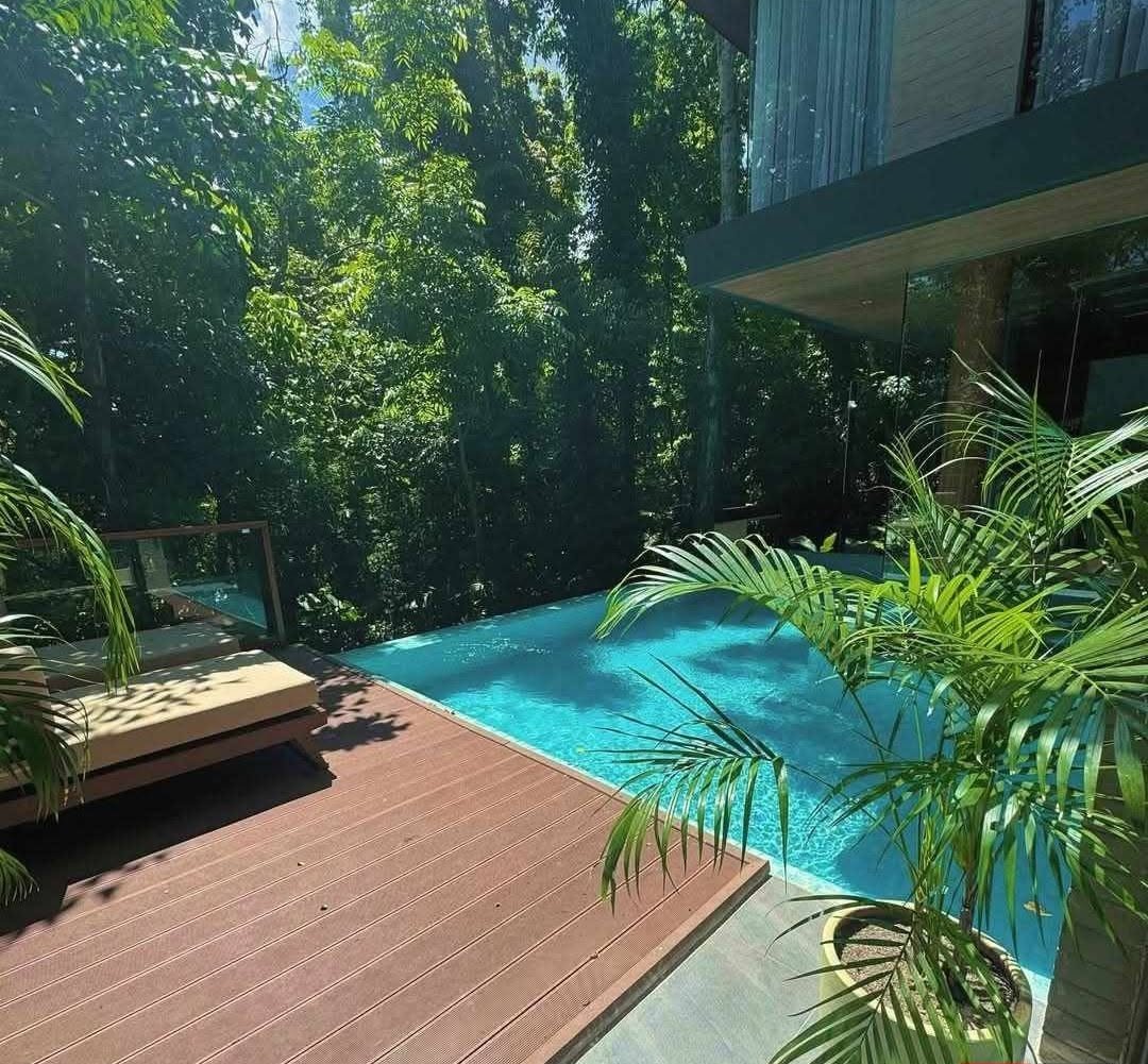 Timber pool deck surrounded by greenery