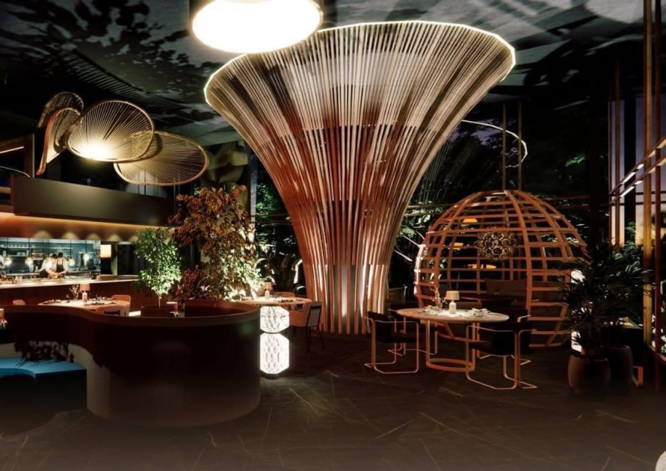 Concept render of a dining space with tall woven bamboo columns