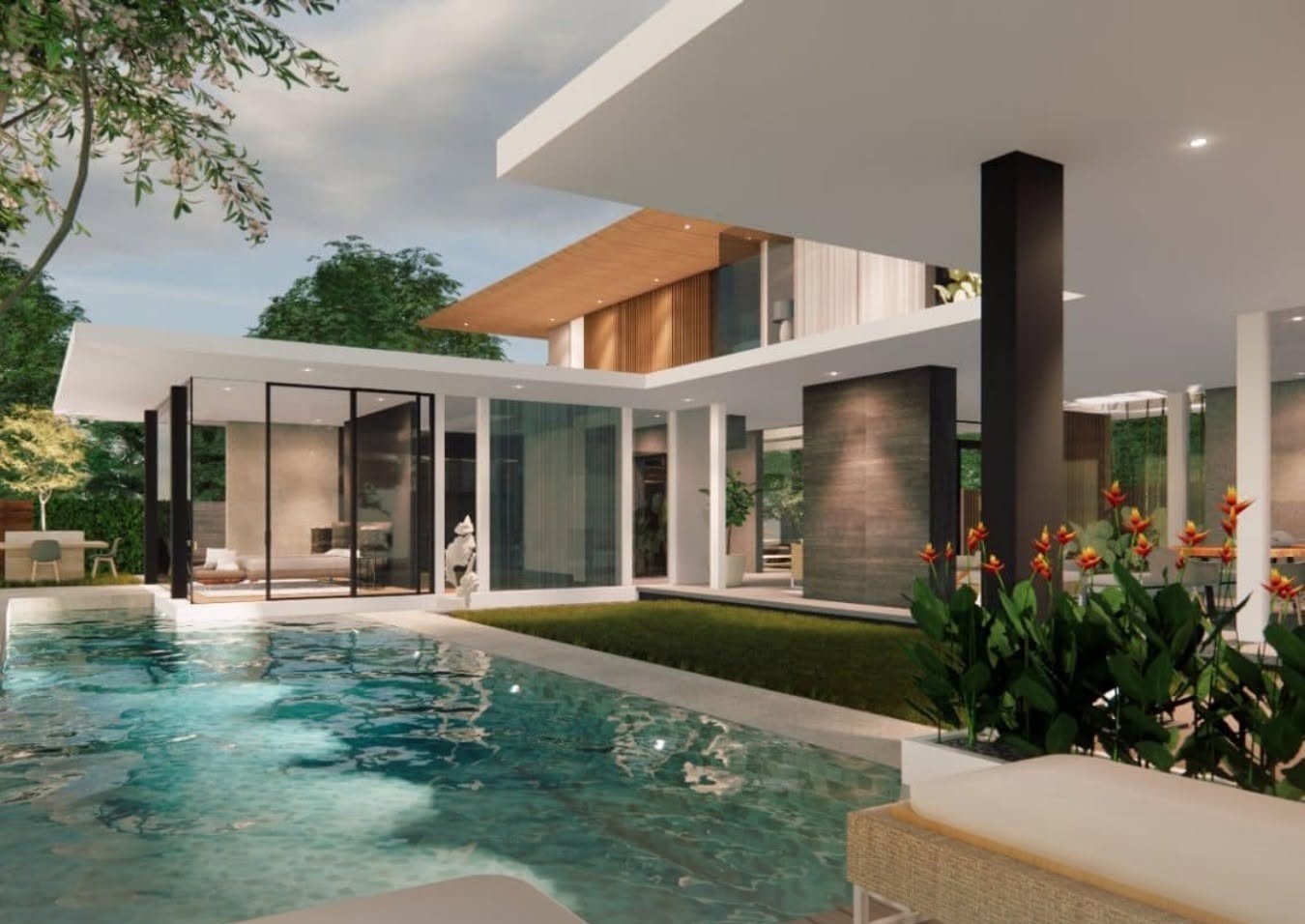 Concept render of a poolside living area with timber details