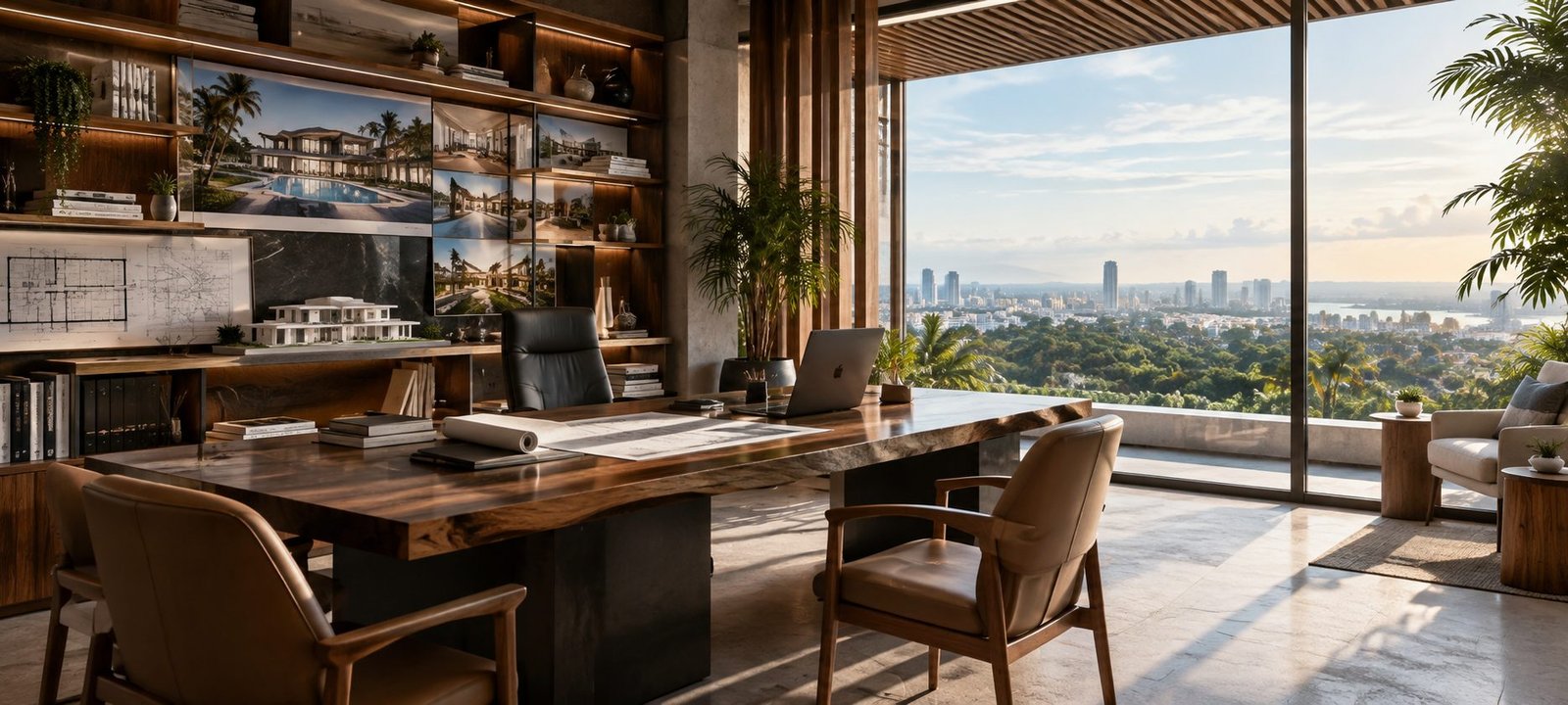 Design studio with a timber desk, architectural plans, and a view over the city