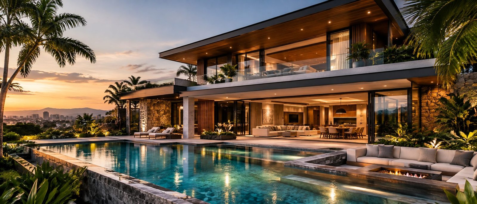 Modern villa at dusk with a lit pool, timber ceilings, and open living areas
